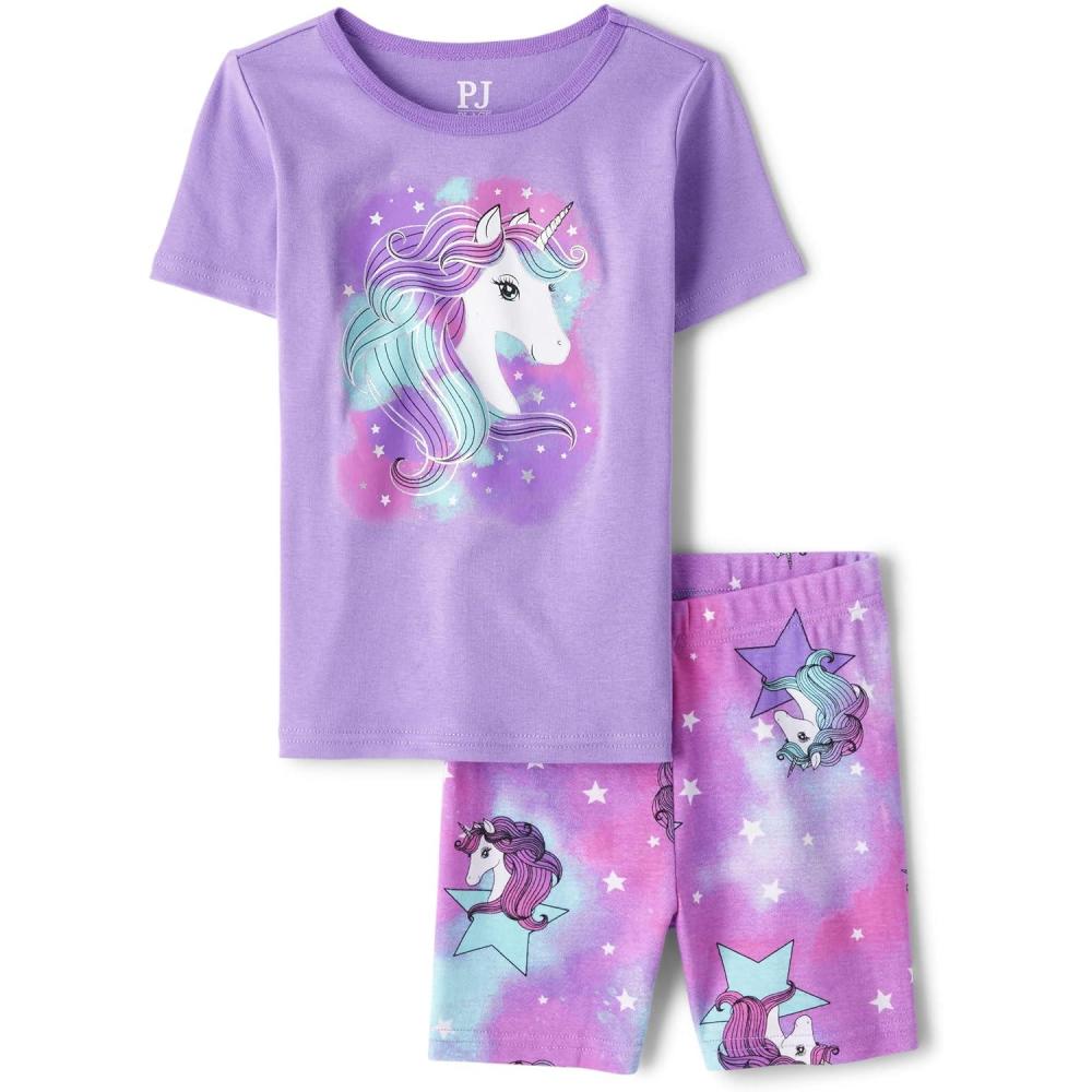 imageThe Childrens Place girls 100 Cotton Short Sleeve Top and Shorts2 Piece Pajama SetPurple Unicorn