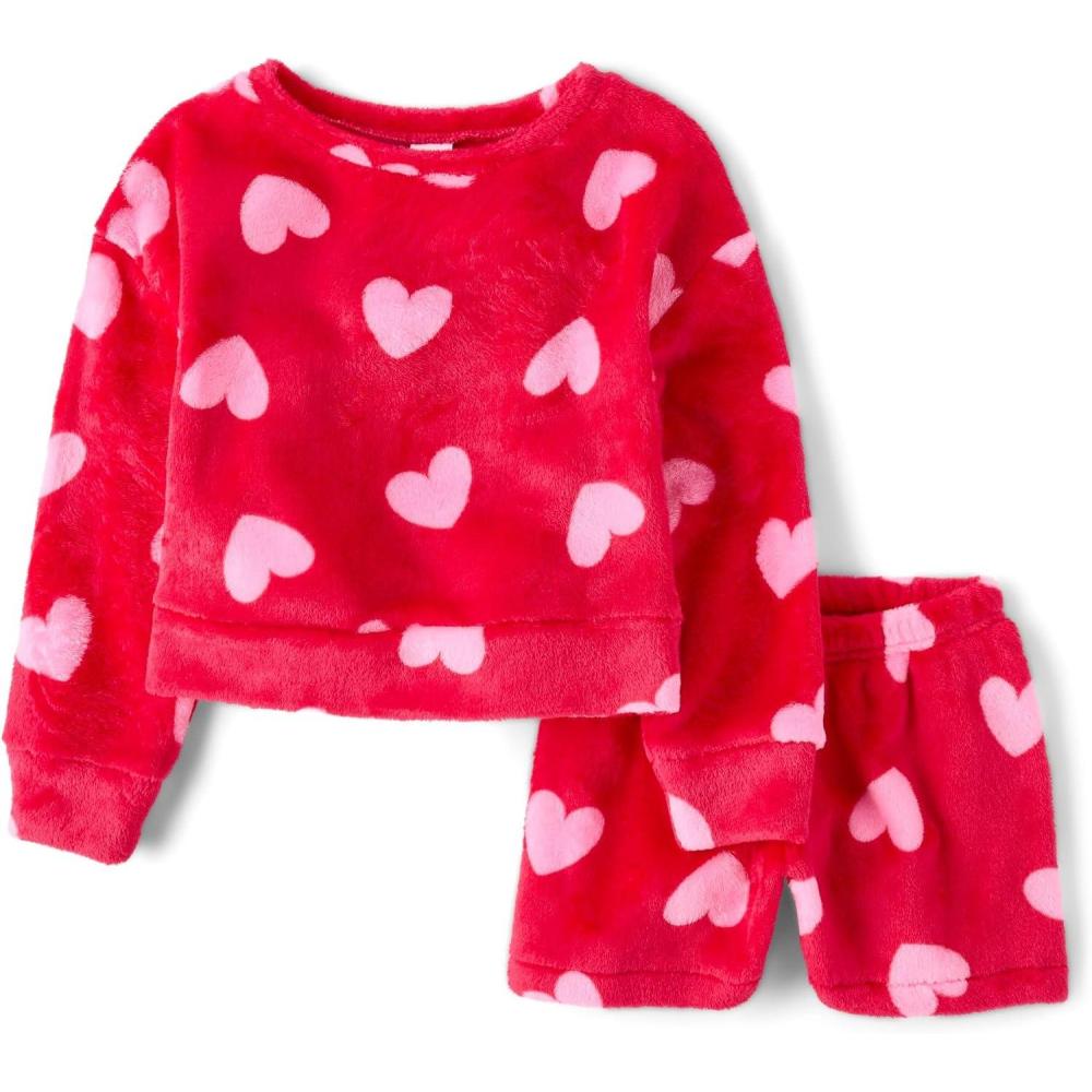 imageThe Childrens Place girls 100 Fleece Long Sleeve Top and Shorts2 Piece Pajama SetRhumba Red Hearts