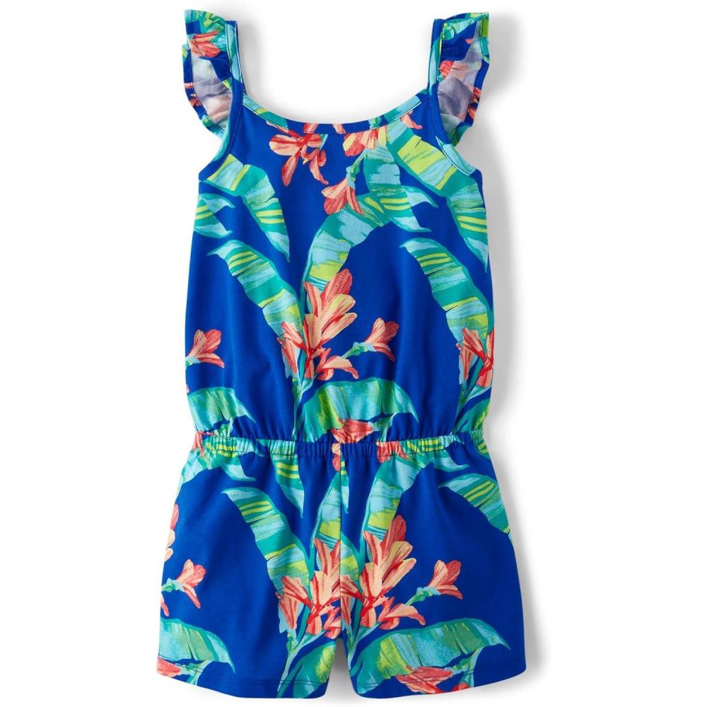 imageThe Childrens Place girls Casual Sleeveless Shorts RomperRenew Blue Tropical