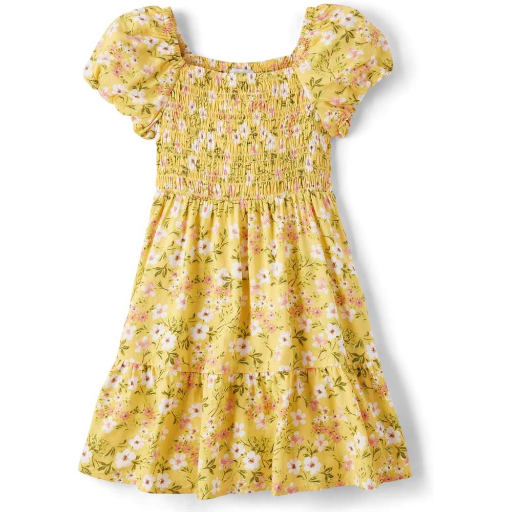 imageThe Childrens Place girls Floral Smocked Babydoll DressSunset Gold Floral Puff Sleeve