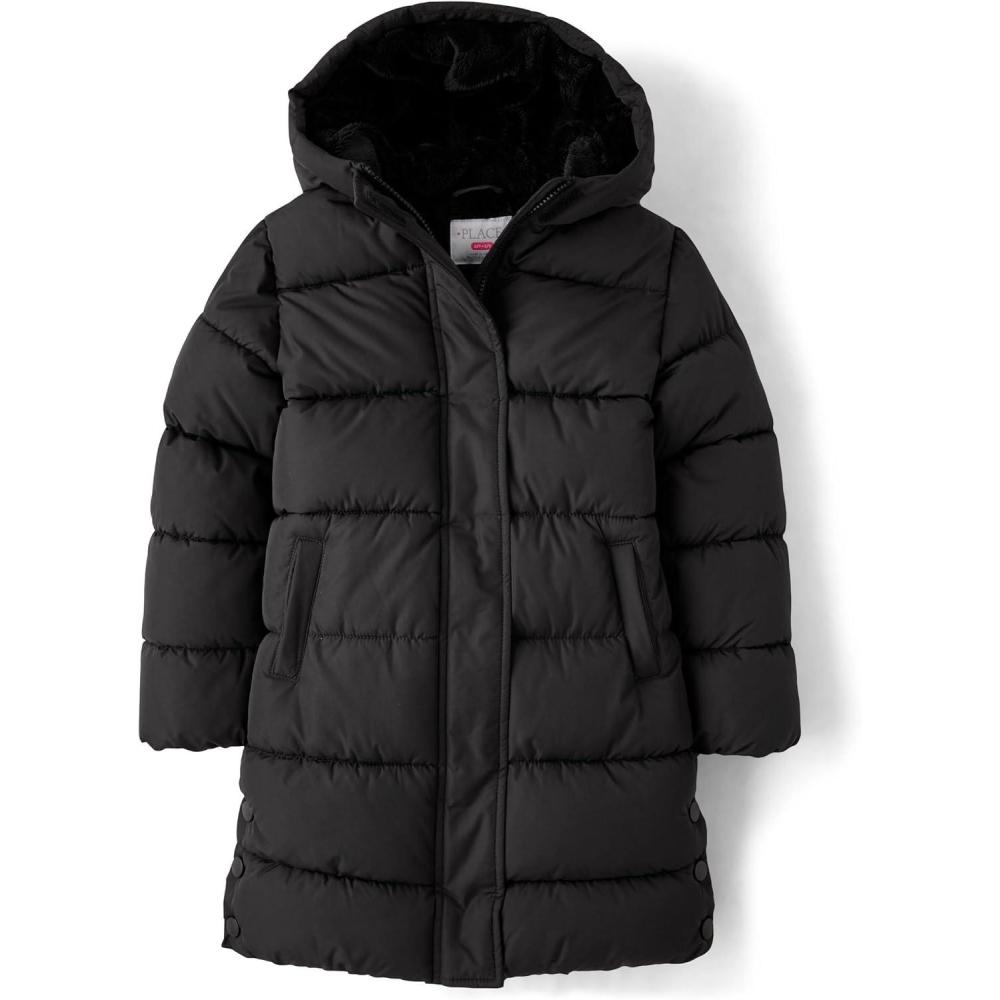 imageThe Childrens Place girls Medium Weight Long Puffer Jacket Windresistant WaterresistantBlack