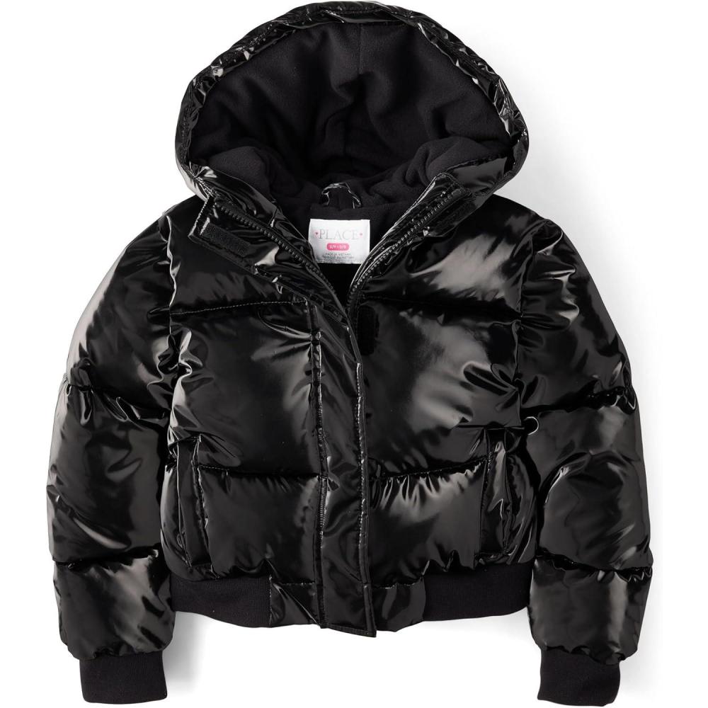 imageThe Childrens Place girls Water and Wind Resistant Hooded Zip Front Bomber Puffer JacketBlack