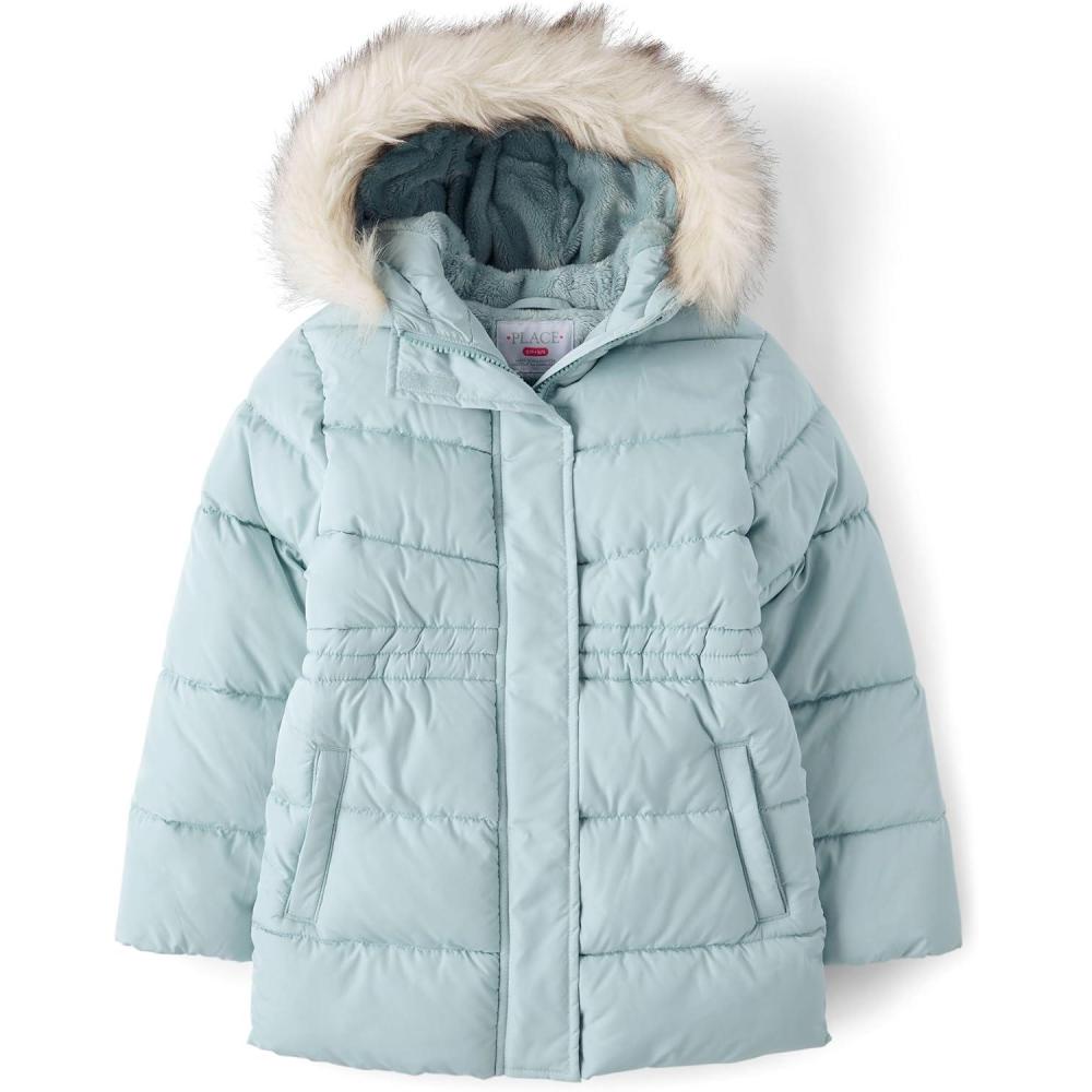 imageThe Childrens Place girls Water and Wind Resistant Hooded Zip Front Mid Length Puffer Jacket Faux Fur LinedFrosty