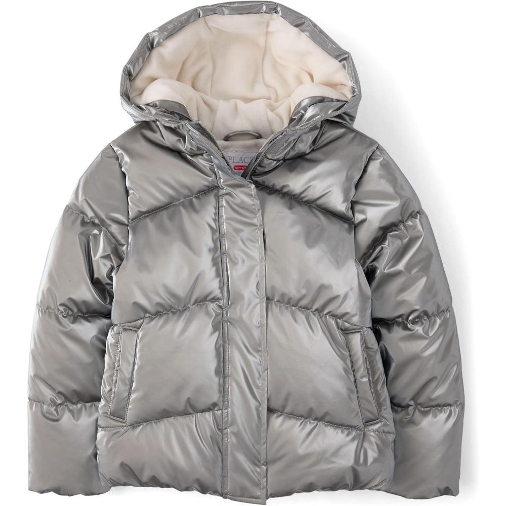 imageThe Childrens Place girls Water and Wind Resistant Hooded Zip Front Puffer Jacket Microfleece LinedMetallic Silver