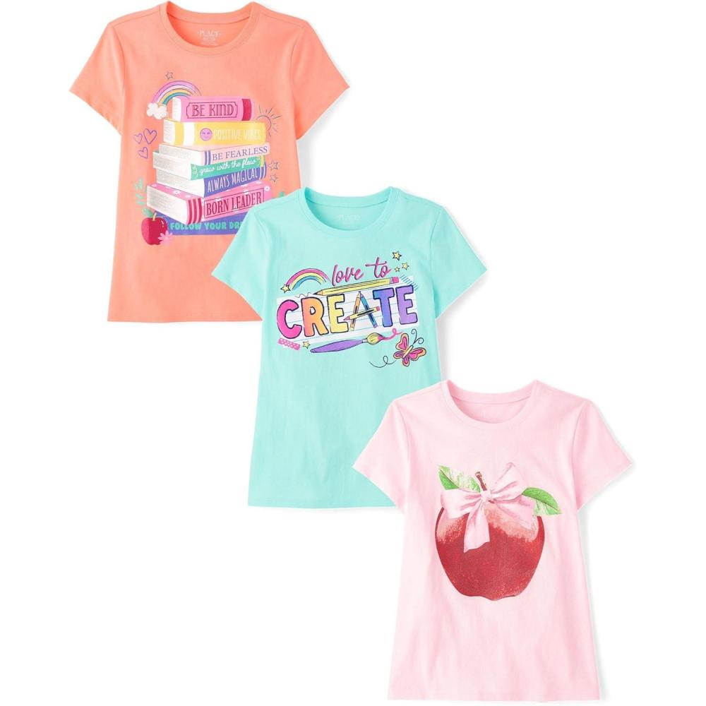 imageThe Childrens PlaceGirlsSchoolLearning Short Sleeve Graphic TShirts3 PackBooksCreateApple