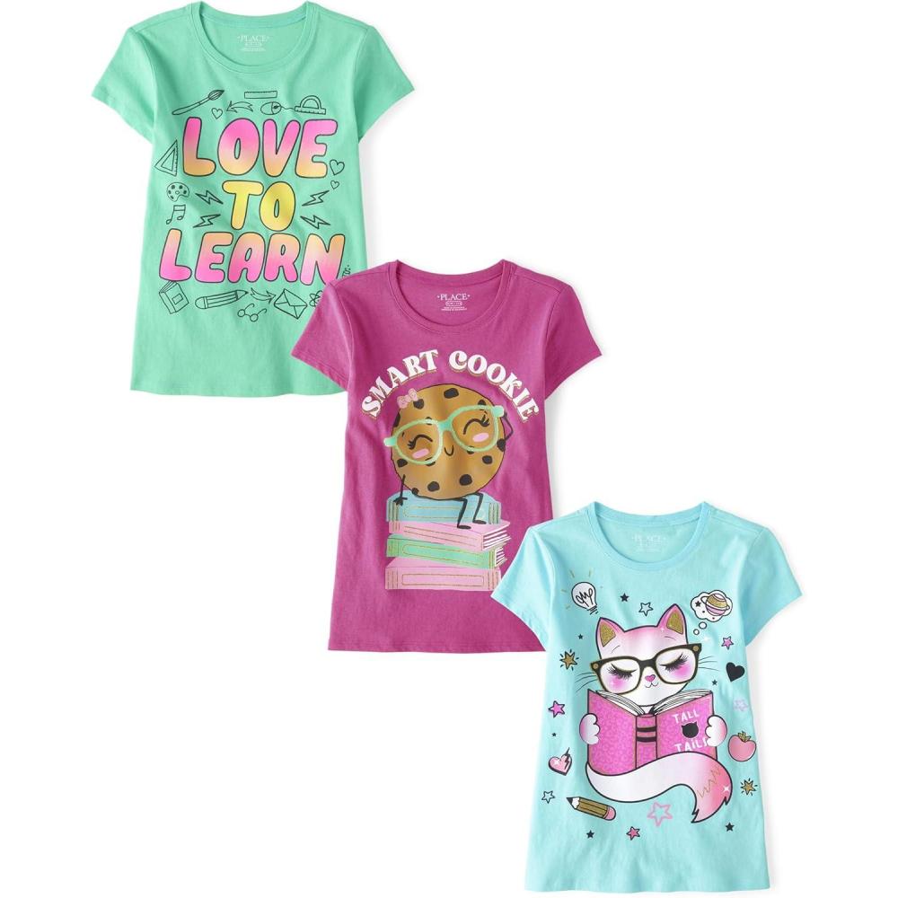 imageThe Childrens PlaceGirlsSchoolLearning Short Sleeve Graphic TShirts3 PackSmart CookieLove LearnReading Cat