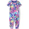The Children’s Place Baby Girls’ and Toddler Snug Fit 100% Cotton Short Sleeve Zip-Front One Piece Footless Pajama(Purple Tropical Palms)