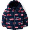 The Children’s Place Baby and Toddler Boys’ Medium Weight Wind-Resistant, Water-Resistant Puffer Jacket(Blue Firetrucks)