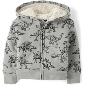 The Children’s Place And Toddler Long Sleeve, Sherpa Lined, Zip-front Hoodie Sweatshirt(Grey Dino)