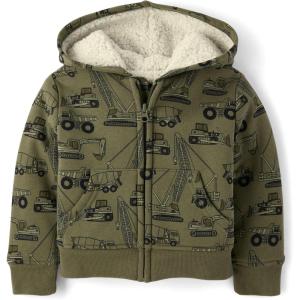 The Children’s Place And Toddler Long Sleeve, Sherpa Lined, Zip-front Hoodie Sweatshirt(Olive Construction Trucks)