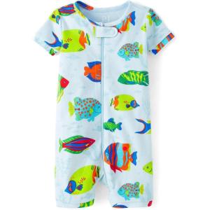 The Children’s Place Baby Boys’ and Newborn 100% Cotton Short Sleeve Zip Front One Piece Footless Pajamas(Blue Fishes)