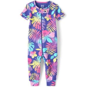 The Children’s Place Baby Girls’ and Toddler Snug Fit 100% Cotton Short Sleeve Zip-Front One Piece Footless Pajama(Purple Tropical Palms)