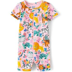The Children’s Place Baby Girls’ and Toddler Snug Fit 100% Cotton Short Sleeve Zip-Front One Piece Footless Pajama(Ss Jungle Pink)