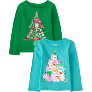 The Children’s Place Baby and Toddler All Holidays,Birthdays Long Sleeve Graphic T-Shirts,2 Pack(Holiday Tree/Cat Holiday Tree)