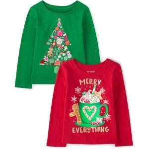 The Children’s Place Baby and Toddler All Holidays,Birthdays Long Sleeve Graphic T-Shirts,2 Pack(Holiday Tree/Merry Everything)