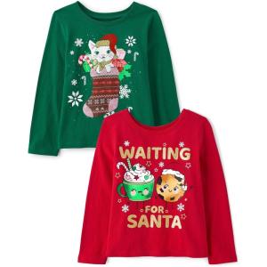 The Children’s Place Baby and Toddler All Holidays,Birthdays Long Sleeve Graphic T-Shirts,2 Pack(Waiting Santa/Cat Stocking)