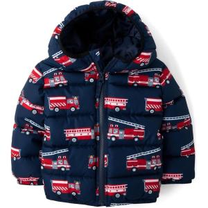 The Children’s Place Baby and Toddler Boys’ Medium Weight Wind-Resistant, Water-Resistant Puffer Jacket(Blue Firetrucks)