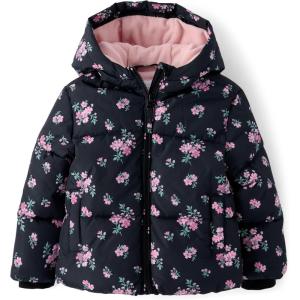 The Children’s Place Baby and Toddler Girls’ Medium Weight Wind-Resistant, Water-Resistant Puffer Jacket(Black Floral)