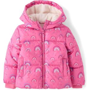 The Children’s Place Baby and Toddler Girls’ Medium Weight Wind-Resistant, Water-Resistant Puffer Jacket(Jazzberry Rainbows)