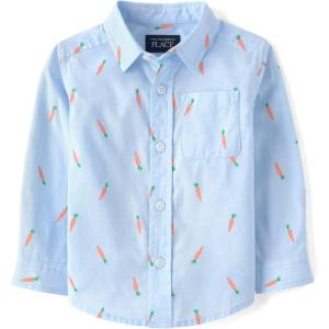 The Children’s Place Baby-Boys and Toddler Poplin Long Sleeve Button Down Shirt(Blue Carrot Print)