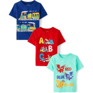 The Children’s Place Baby-Boys and Toddler School,Learning Short Sleeve Graphic T-Shirts,3 Pack(Vehicles/Dragon Colors/Train)