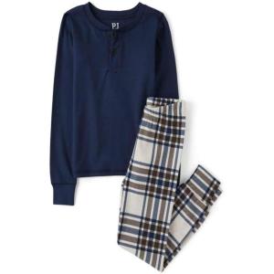 The Children’s Place Boys’ 100% Cotton Long Sleeve Top and Pants,2 Piece Pajama Set(Blue Vanilla Plaid Henley)