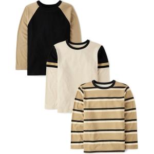 The Children’s Place Boys’ Long Sleeve Everyday Casual Knit Shirt(Black/Cream/Striped 3-pack)