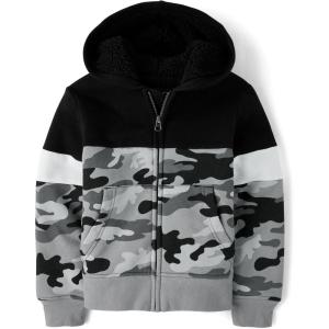The Children’s Place Boys’ Long Sleeve, Sherpa Lined, Zip-Front Hoodie Sweatshirt(Black Camo Colorblock)