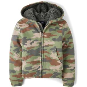 The Children’s Place Boys’ Long Sleeve, Sherpa Lined, Zip-Front Hoodie Sweatshirt(Misty Glen Camo)