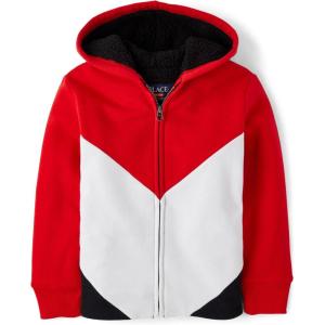 The Children’s Place Boys’ Long Sleeve, Sherpa Lined, Zip-Front Hoodie Sweatshirt(Red Colorblock)