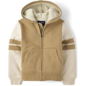 The Children’s Place Boys’ Long Sleeve, Sherpa Lined, Zip-Front Hoodie Sweatshirt(Tan)