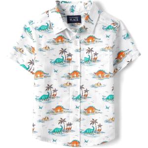The Children’s Place Boys and Toddler Poplin Short Sleeve Button Down Shirt(Blue Orange Dino Print)