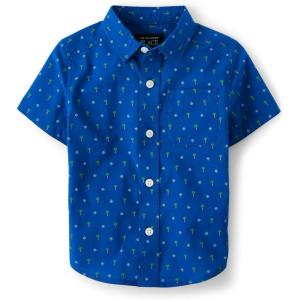 The Children’s Place Boys and Toddler Poplin Short Sleeve Button Down Shirt(Blue Palm Geo)
