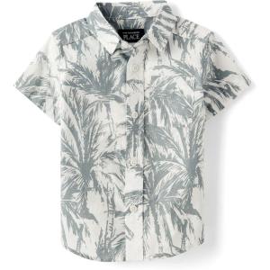 The Children’s Place Boys and Toddler Poplin Short Sleeve Button Down Shirt(Fin Gray Tropical)