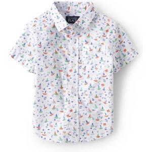 The Children’s Place Boys and Toddler Poplin Short Sleeve Button Down Shirt(Small Boat Print)
