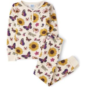 The Children’s Place Girls’ 100% Cotton Long Sleeve Top and Pants, 2 Piece Pajama Set(Sunflower Butterflies)