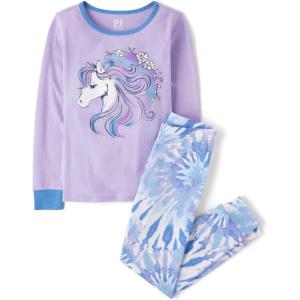 The Children’s Place Girls’ 100% Cotton Long Sleeve Top and Pants, 2 Piece Pajama Set(Tie Dye Horse)