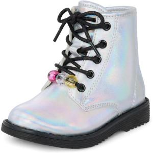 The Children’s Place Girl’s Baby Toddler Lace Up Combat Boots(Metallic Silver)