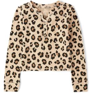 The Children’s Place Girls Basic Long Sleeve Thermal Henley Tops(Cheetah Print)