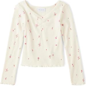 The Children’s Place Girls’ Basic Long Sleeve V-Neck Knit Shirts(White Daisy)