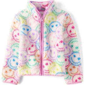 The Children’s Place Girls’ Cozy Sherpa Full-Zip Jacket(White Happy Faces)