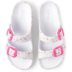The Children’s Place Girls Double Buckle Slip On Slide Sandals, White Paint Splatter(White Paint Splatter)