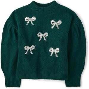 The Children’s Place Girls Long Sleeve Crew Neck Pullover Sweater(Balt Green Bows)