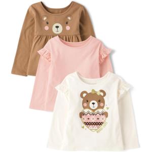 The Children’s Place Girls Long Sleeve Knit Fashion Shirt(Teddy Bear/Rose/Teddy Bear Heart 3-pack)
