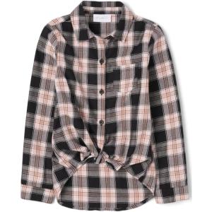 The Children’s Place Girls Long Sleeve Plaid Twill Tie Front Button Down Shirt(Black/Pink Plaid)