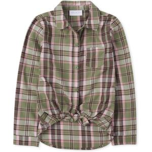 The Children’s Place Girls Long Sleeve Plaid Twill Tie Front Button Down Shirt(Mint Green Plaid)
