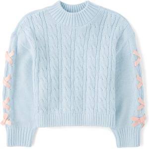 The Children’s Place Girls’ Long Sleeve Pullover Cable Knit Sweater(Soft Sky Ribbon)