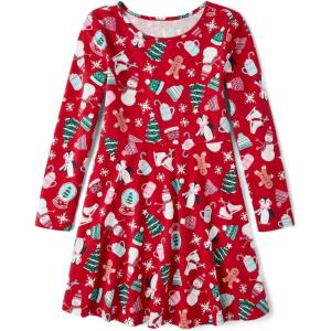 The Children’s Place Girls Printed Skater Dress, Long Sleeve(Holiday Cheer)