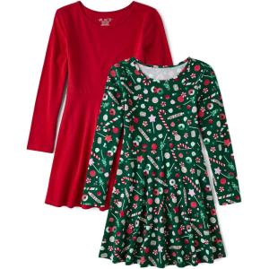 The Children’s Place Girls Printed Skater Dress, Long Sleeve(Red/Green Candy Canes)