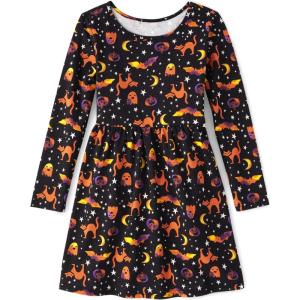 The Children’s Place Girls Printed Skater Dress, Long Sleeve(Spooky Doodle)